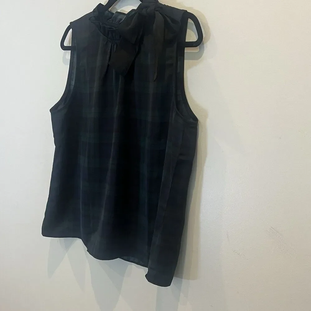 J. Crew NWT Green Plaid Ruffle Neck Sleeveless Bow Top Holiday Blouse Satin L
